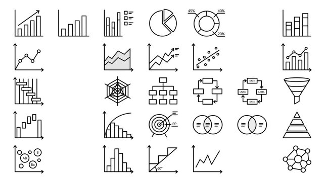 Data Visualization Icons: Charts, Graphs, Diagrams, Infographics Elements