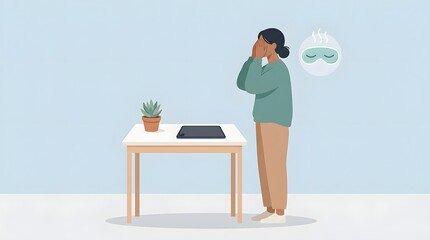 Fototapeta premium Feeling Drained: A woman stands by a desk, her hands covering her face, looking exhausted as a sleep symbol floats above her head, indicating fatigue and the need for rest.