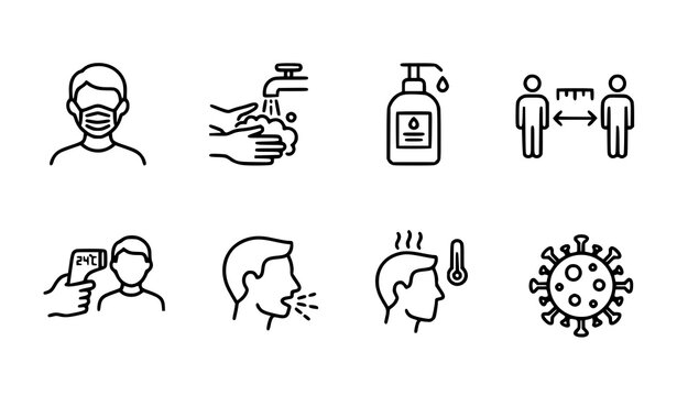 Minimal COVID-19 prevention thin line icon set with protective measures and virus symptoms vector illustration isolated on white background