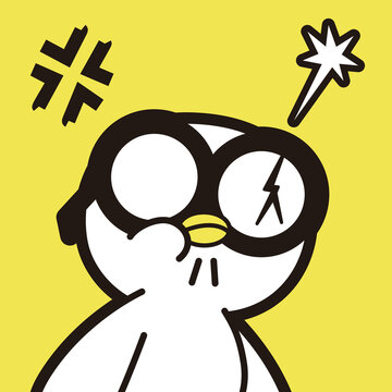 Minimalist vector illustration of an angry white bird wearing broken glasses with a cross veined anger symbol on a yellow background.