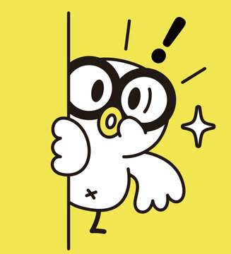 Minimalist vector illustration of a cute white bird wearing glasses peeking out from behind a wall in sudden shock on a yellow background, front view.