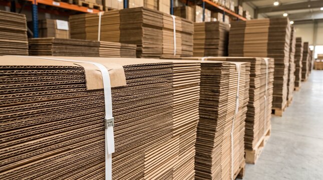 Rows of stacked cardboard sheets bound with straps in a warehouse aisle
