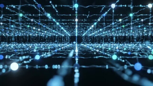 Abstract digital network grid with glowing blue nodes and binary code, representing data flow, technology, and connections in cyberspace