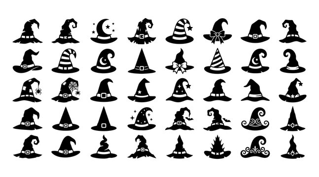 Halloween witch hats collection black silhouettes for spooky decorations and party themes