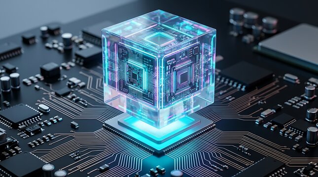 Holographic Cube with Circuit Board Patterns Floating Above a Microchip on a Printed Circuit Board