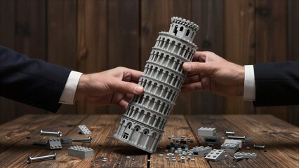 Obraz premium Two hands assemble a tilted Lego Leaning Tower of Pisa on wooden surface.