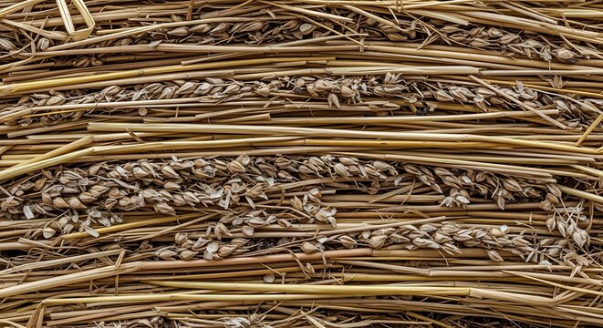 Close-up texture of dried agricultural hay and grain residue with agriculture