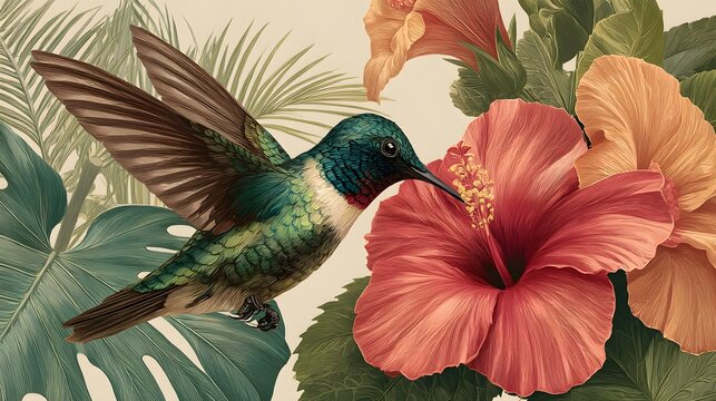 Flying hummingbird drinking nectar from tropical flower.Trendy tropical jungle design with palm, monstera leaf and hibiscus. Vector illustration.
