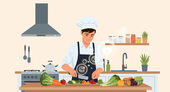 Chef preparing fresh vegetables in a modern kitchen.