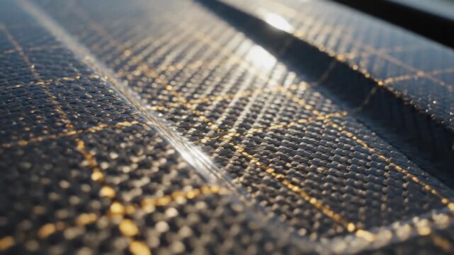 Close up of a textured dark fabric with a subtle gold grid pattern catching the sunlight, abstract detail