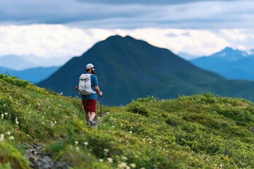 Fototapeta premium Hiker trekking along a vibrant mountain ridge with a backpack in nature adventure