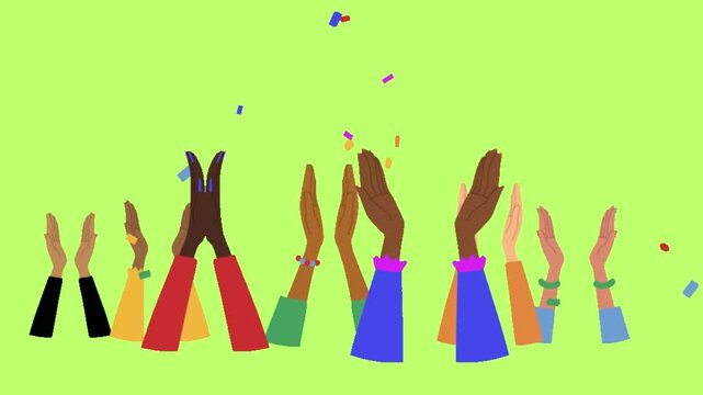 Diverse hands clapping in celebration with falling confetti vector illustration