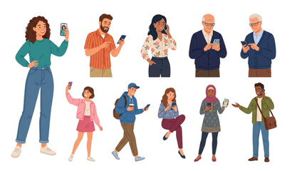 Obraz premium Illustrate a premium collection of 36 unique male and female characters holding smartphones on a solid white background. Feature a wide variety of ages, hairstyles, fashion styles, and ethnic diversit