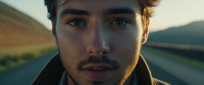 Cinematic close up portrait of a young man looking at camera outdoors
