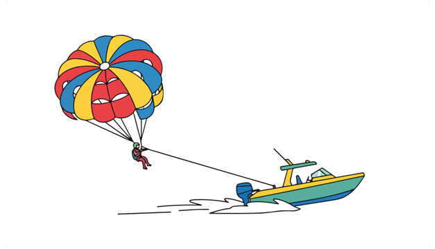 Colorful parasail soaring above a speedboat on the water.