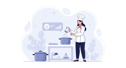 Fototapeta premium Female Chef Cooking and Seasoning Food with Culinary Expertise and Data Insights Visualization