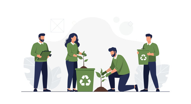 Diverse team planting trees and recycling, promoting environmental sustainability and teamwork
