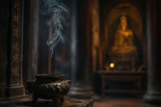 Inside an ancient temple, a thin wisp of smoke rises from an incense burner.