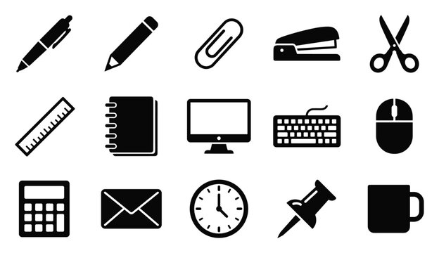 Office and business stationery vector icon set with pen, pencil, paper clip, stapler, scissors, ruler, notebook, computer, keyboard, mouse, calendar, envelope and coffee mug symbols