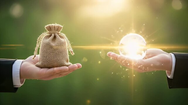 Hands Exchange Money Bag for Crystal Ball in Sunrise