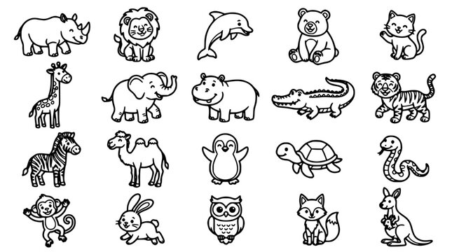 Animal Icon Set Line Art Cartoon Style with Friendly Mammals Reptiles and Birds for Kids Education and Playful Design