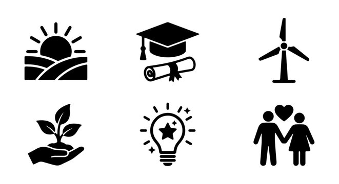 Sustainable development vector icons, education and innovation symbols, environmental growth graphics