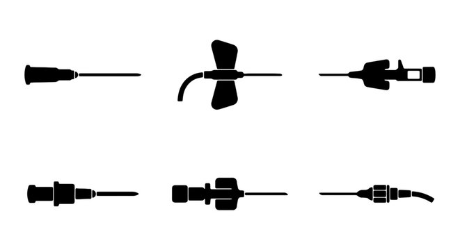 Medical needle icons set, black silhouette cannula and catheter symbols, 6 vector elements