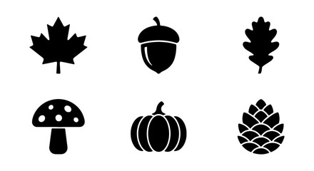 Autumn nature icons set, black silhouette fall foliage and forest elements, 6 vector symbols © black man