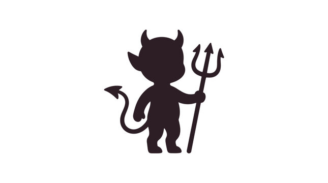 A black silhouette of a cute cartoon devil character holding a trident.