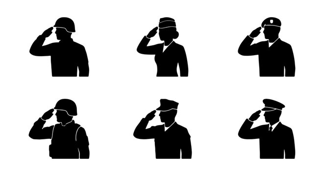 Military soldier saluting silhouettes set, army officer and veteran icons, 6 vector elements