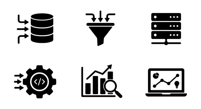 Data Processing Icons: Database, Filter, Server, Code, Analytics, Laptop | Tech Symbols
