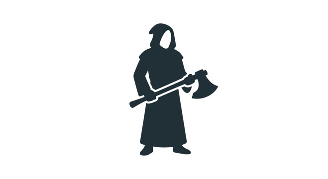 A dark silhouette of a hooded executioner figure holding a large battle axe.