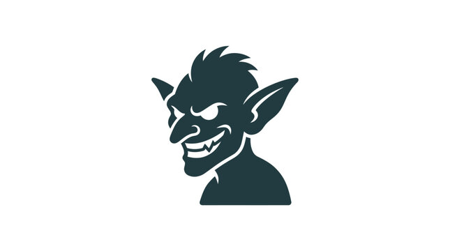 A dark silhouette of a mischievous goblin head with pointed ears and a sinister grin.