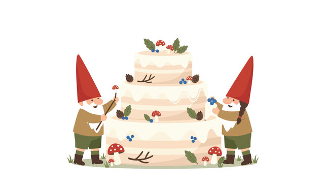 Two cute gnomes decorating a tiered wedding cake with berries and mushrooms.