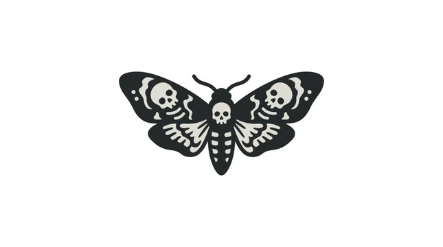 A detailed black and white illustration of a death head moth with skull patterns.