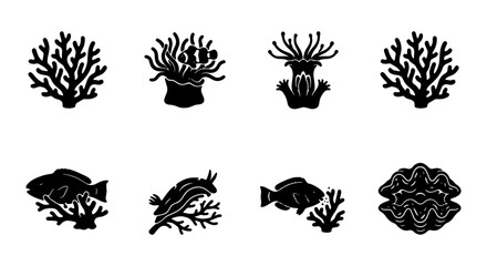 Coral reef silhouette icons, 8 black marine life vector elements, underwater sea creature set © black man