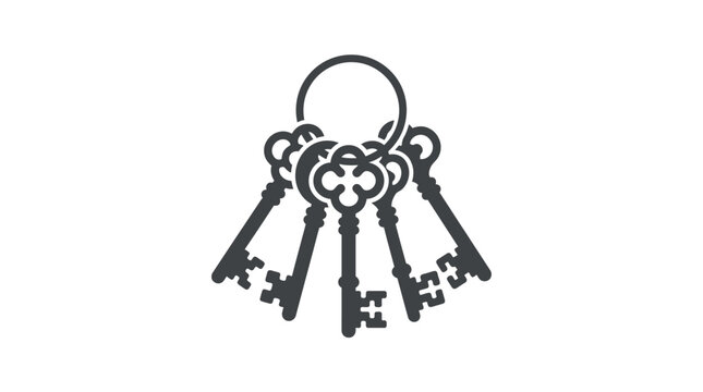 A detailed illustration of a vintage key ring holding five ornate antique keys.