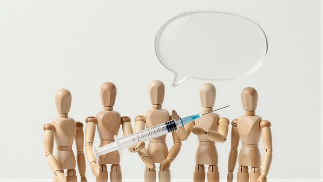 Wooden figures hold syringe, speech bubble above them suggests discussion on vaccination.