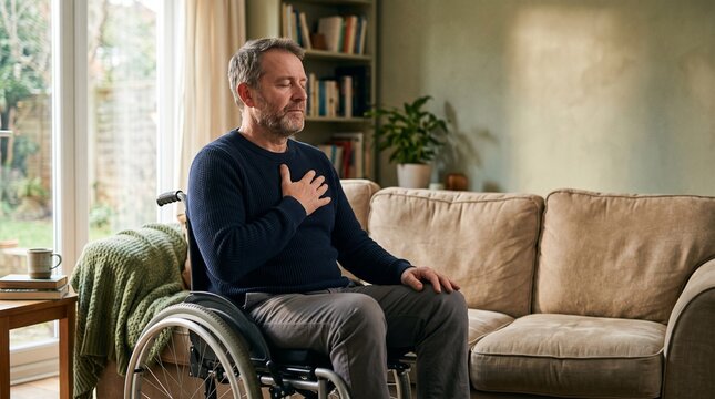 Mature man in wheelchair with hand on chest meditating or feeling unwell at home