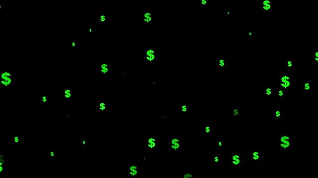 Green dollar signs falling on black background money finance wealth animation
