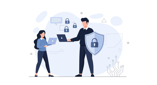 Cybersecurity team protecting data with laptops and shield, digital security concept, abstract technology background