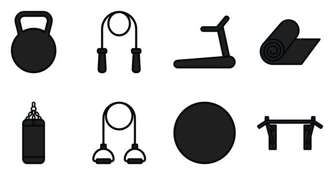 Gym and fitness equipment vector icon set with kettlebell, jump rope, treadmill, yoga mat, punching bag, gymnastic rings, weight plate and workout bench symbols collection