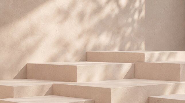 Minimalist beige podium steps with natural dappled leaf shadow overlay