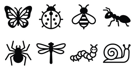 Insects and bugs vector icon set with butterfly, ladybug, bee, ant, spider, dragonfly, caterpillar and snail symbols, editable solid silhouette collection for nature and wildlife design © Sami