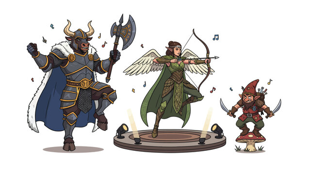 Fantasy characters, a minotaur warrior, an elf archer with wings, and a gnome rogue, dancing and celebrating together.