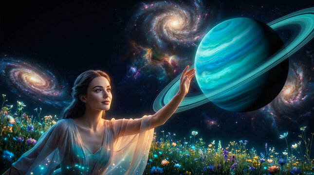 Woman reaches toward a glowing blue planet. She stands in a vibrant, star-filled meadow. Galaxies swirl behind her in cosmic wonder. Her expression is serene, curious, and awe-filled
