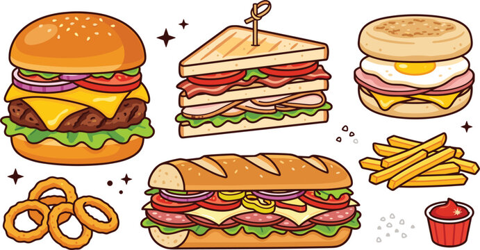 Set of hand drawn fast food vector icons featuring a cheeseburger club sandwich sub baguete egg muffin onion rings and French fries with ketchup