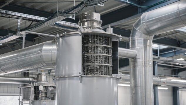 Medium shot capturing an emergency scrubber system on standby highlighting clean packed bed scrubbers and sealed ducts against an industrial backdrop.