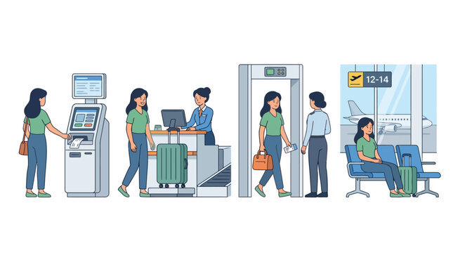 A sequence of illustrations showing a woman going through airport check-in and security procedures.