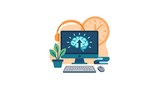 A computer monitor displaying a glowing brain icon with an upward arrow for learning and development.